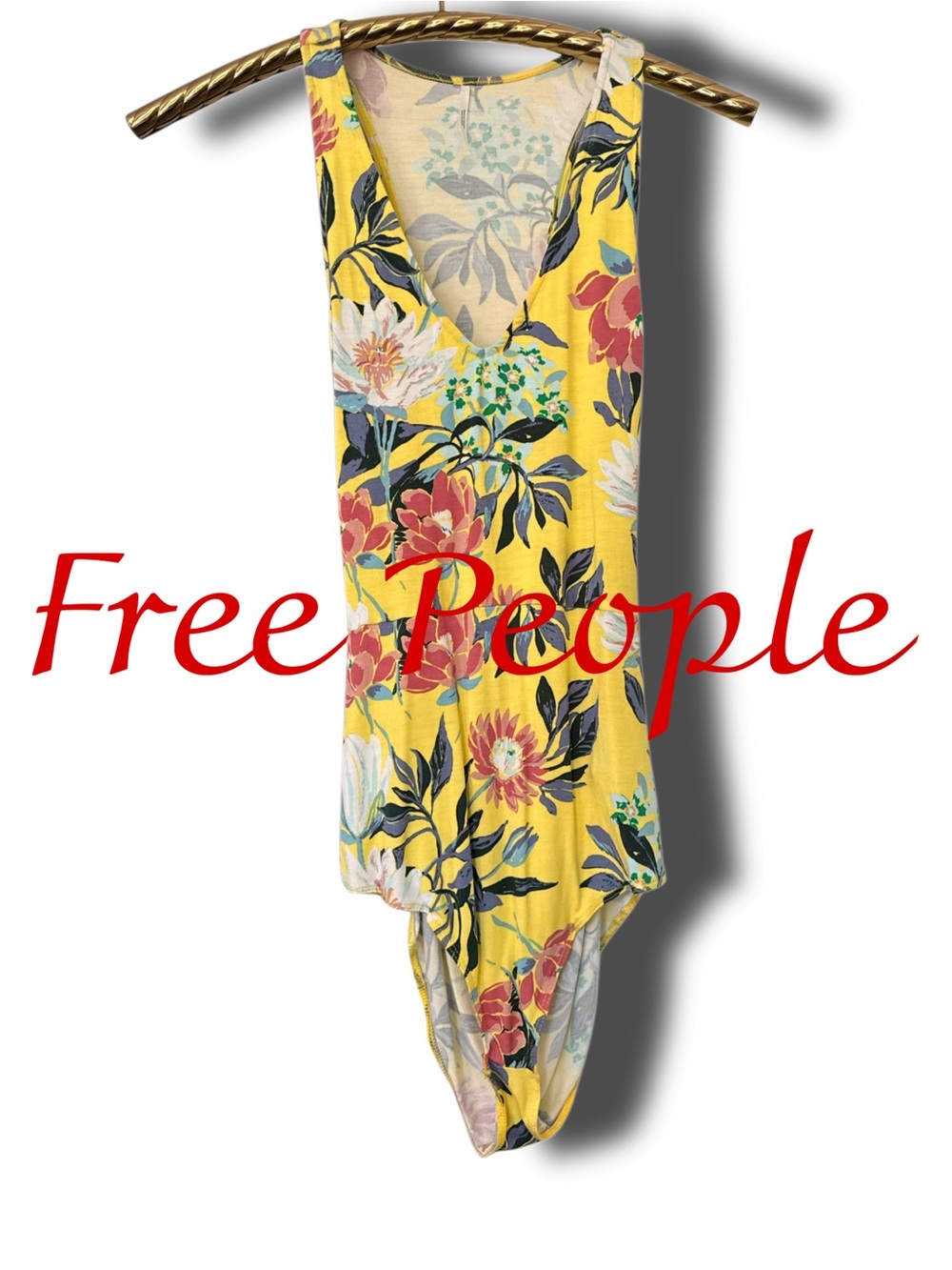 Free People Yellow Floral V-Neck Sleeveless Bodysuit